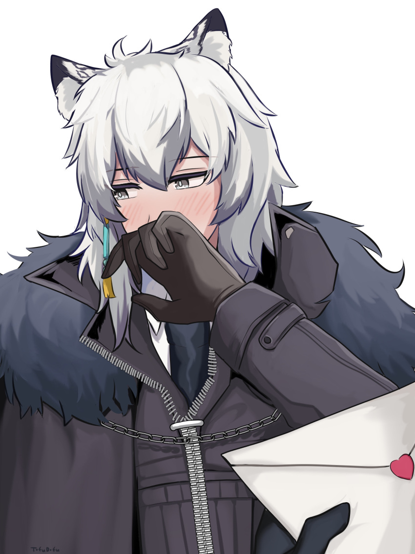 1boy 1other animal_ears arknights bangs black_cape black_gloves black_jacket blush cape doctor_(arknights) fur-trimmed_cape fur_trim gloves grey_eyes highres jacket leopard_ears long_sleeves short_hair silverash_(arknights) simple_background solo_focus tofudofu upper_body white_background white_hair