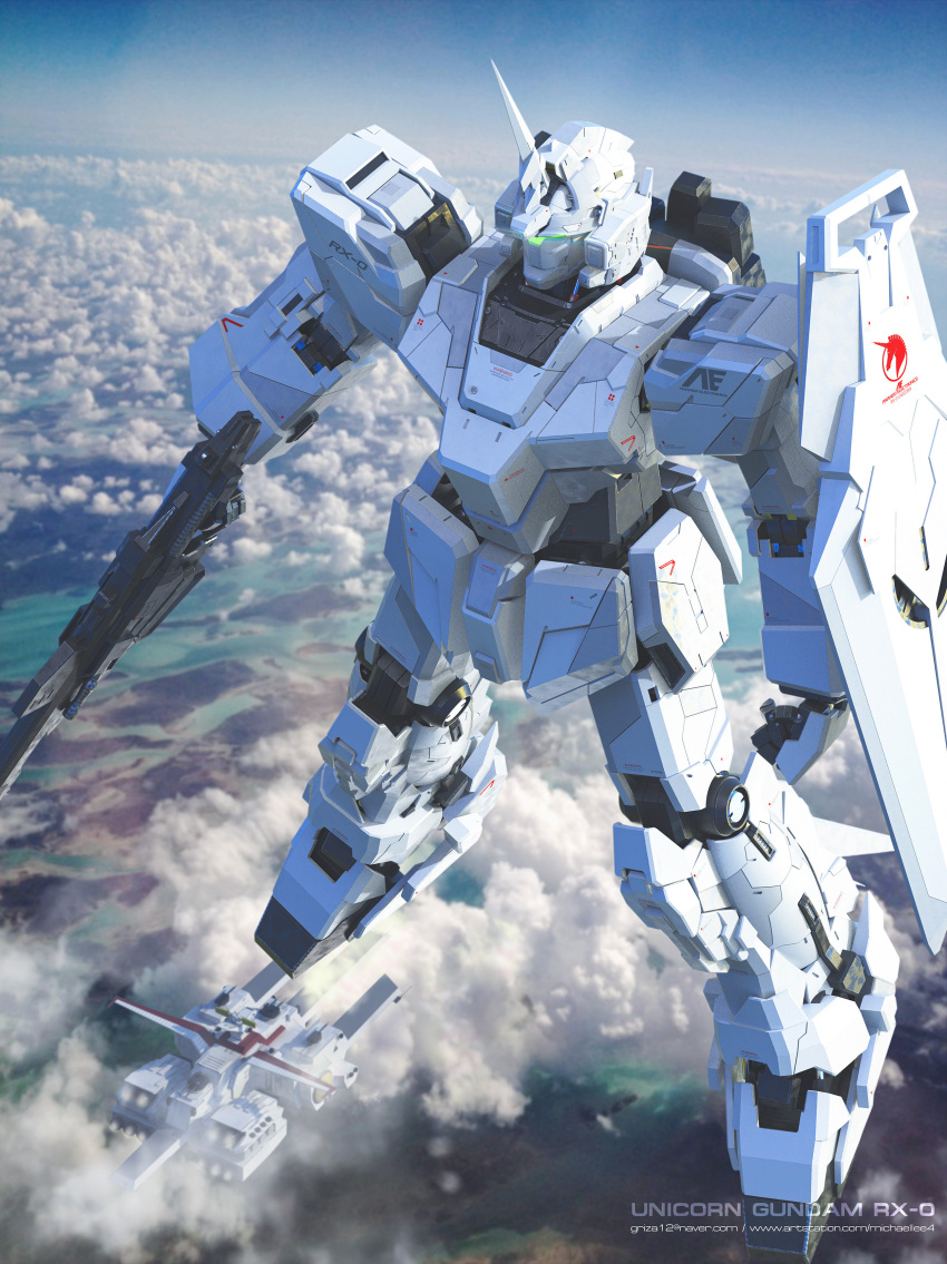 3d absurdres anaheim_electronics beam_rifle blue_sky character_name clouds energy_cannon energy_gun english_commentary english_text flying freefall glowing gundam gundam_unicorn highres logo machinery mecha michaellee4 mobile_suit robot roundel science_fiction shield sky spacecraft turret unicorn_gundam visor weapon