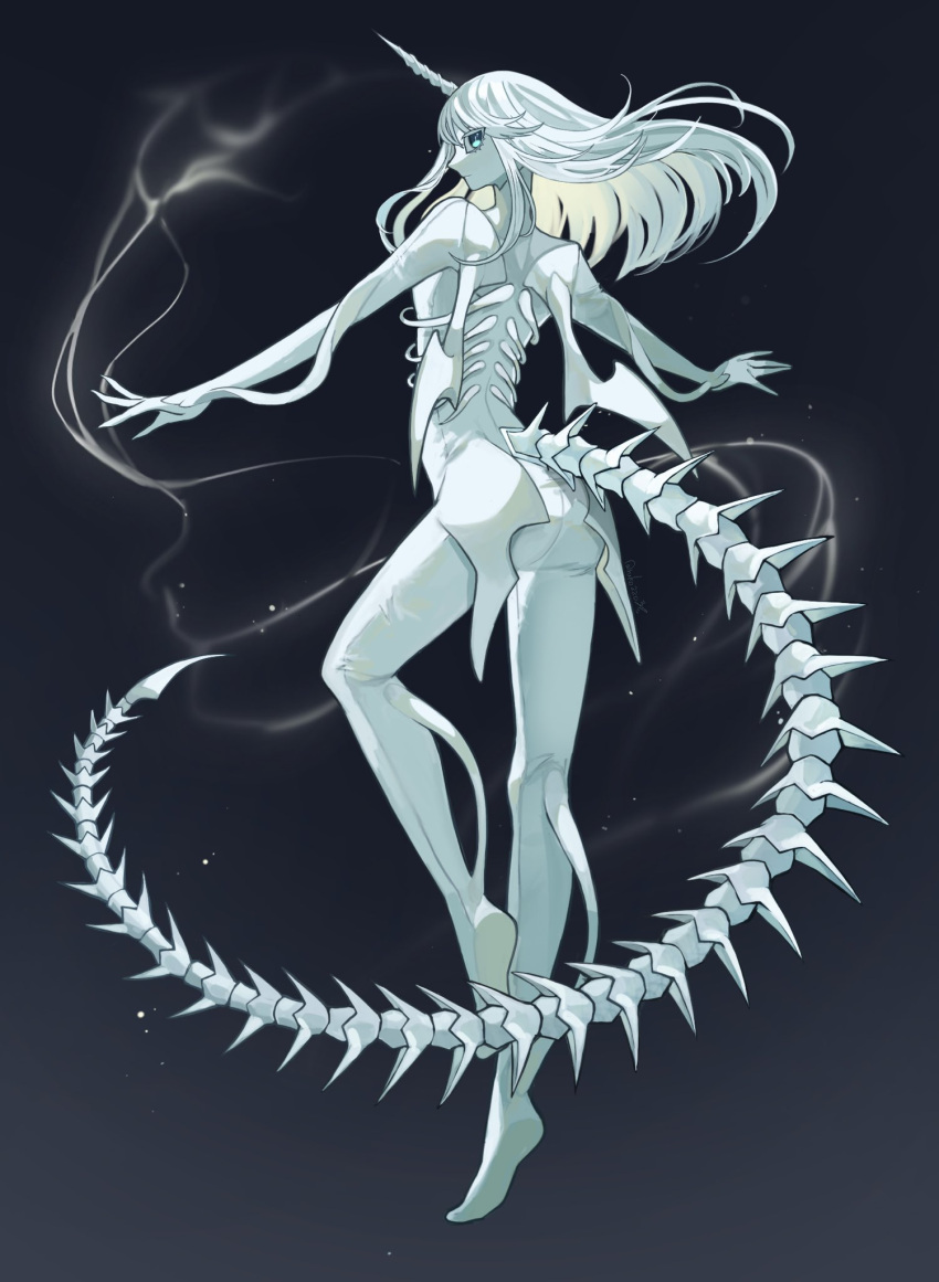 1girl black_background blonde_hair blue_eyes blue_hair colored_inner_hair fins floating_hair from_behind highres horns looking_at_viewer looking_back monster_girl multicolored_hair original outstretched_arms ruteko_(ruko220) sideways_glance single_horn skeletal_tail solo spread_arms standing standing_on_one_leg tail twitter_username wings