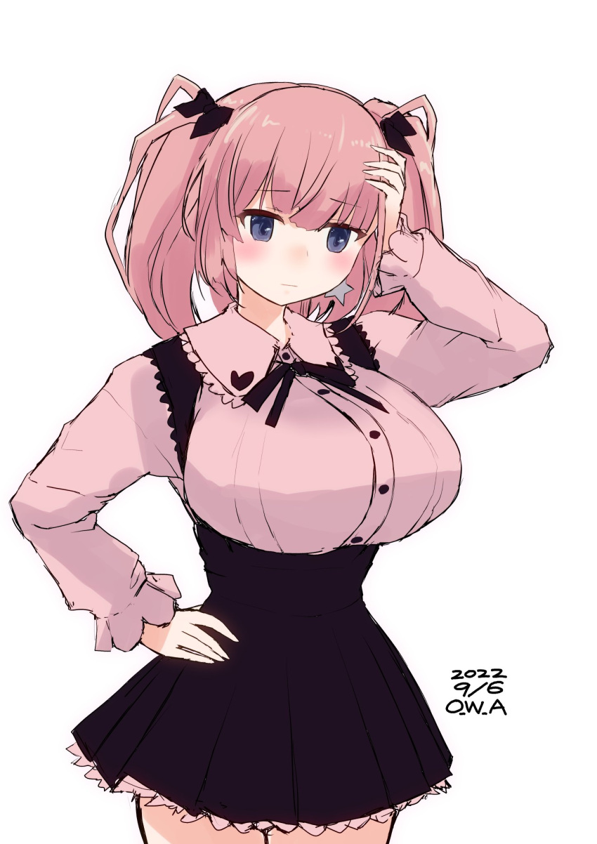 1girl alternate_costume artist_name atlanta_(kancolle) black_skirt breasts brown_hair commentary_request cowboy_shot dated earrings grey_eyes hand_on_own_head high_waist_skirt highres jewelry kantai_collection large_breasts long_hair one-hour_drawing_challenge owa_(ishtail) pink_shirt shirt simple_background skirt solo star_(symbol) star_earrings suspender_skirt suspenders translation_request two_side_up white_background