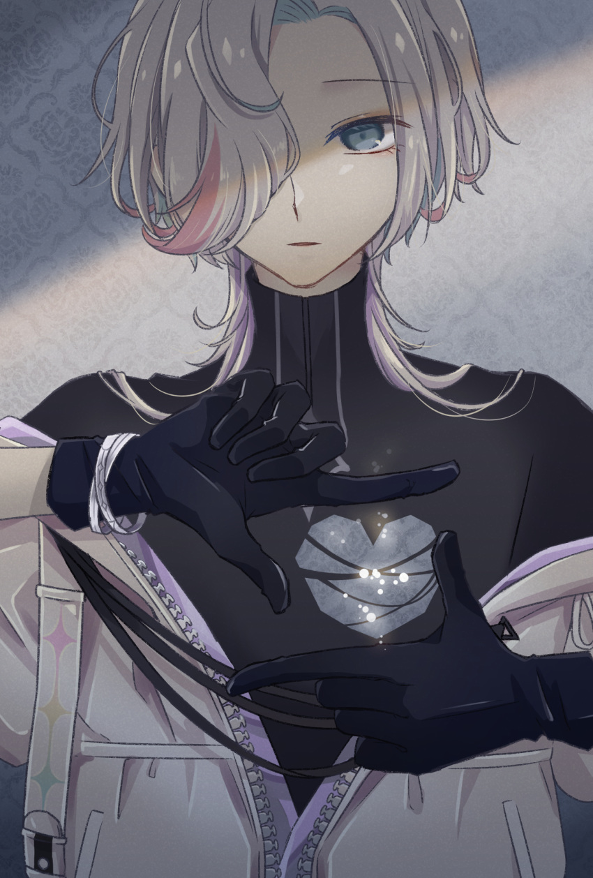 1boy aqua_hair black_gloves black_shirt blue_eyes bracelet finger_frame fingers gloves grey_background grey_hair grey_jacket hair_over_one_eye heart-shaped_hole highres hole_in_chest hole_on_body holostars jacket jewelry keishi_(trap) light_particles looking_at_viewer male_focus medium_hair multicolored_hair off_shoulder parted_lips pink_hair shirt solo sparkle_print straight-on streaked_hair turtleneck upper_body utsugi_uyu virtual_youtuber wallpaper_(object) zipper