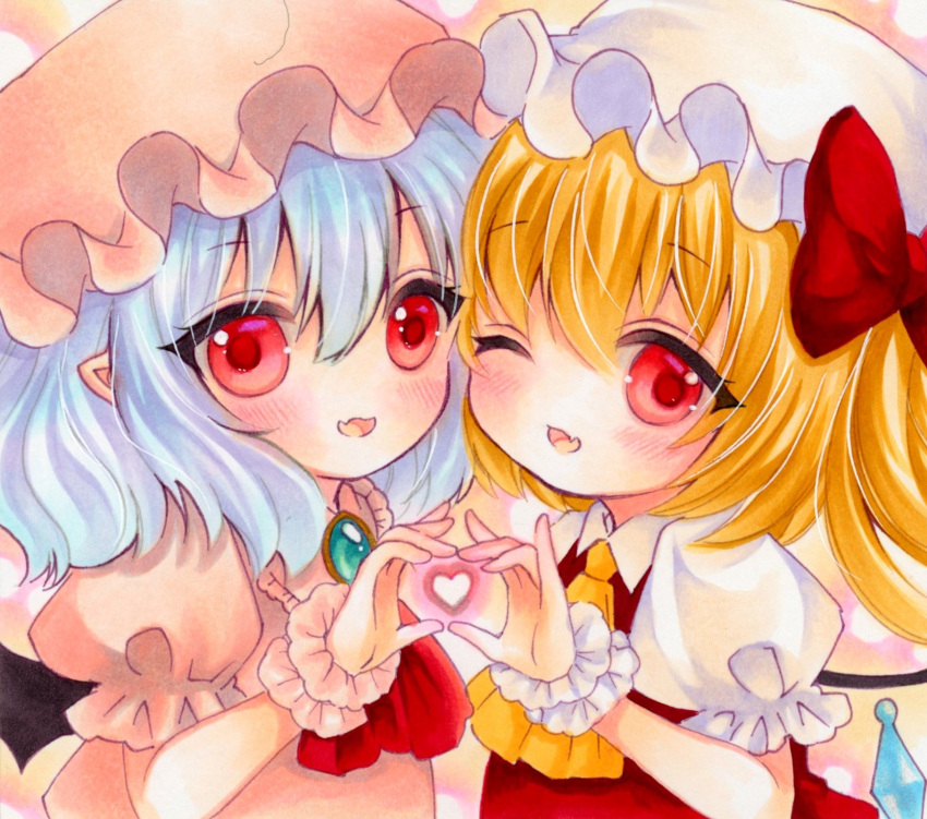 2girls ascot bat_wings blush brooch cheek-to-cheek collared_shirt commentary_request fang flandre_scarlet frilled_sleeves frills green_brooch hair_between_eyes hat heads_together heart heart_hands heart_hands_duo highres jewelry looking_at_viewer marker_(medium) medium_hair mob_cap multiple_girls one_eye_closed open_mouth pink_headwear pink_shirt pointy_ears puffy_short_sleeves puffy_sleeves red_ascot red_eyes red_vest remilia_scarlet shirt short_sleeves side_ponytail skin_fang touhou traditional_media upper_body vest white_headwear white_shirt wings wrist_cuffs yellow_ascot yuuki_hana_(jtnp5334)