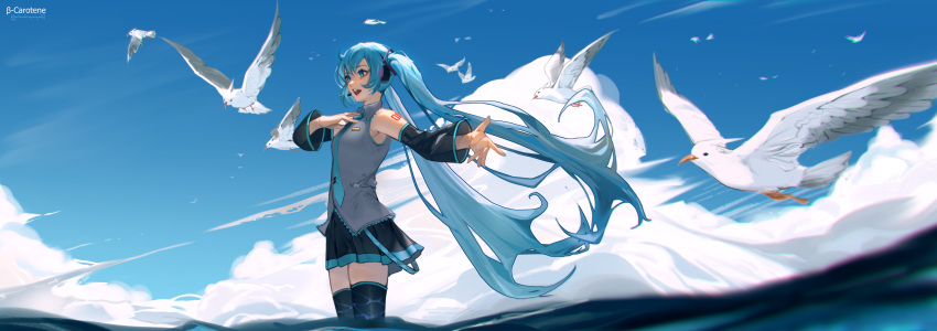 1girl absurdres aqua_eyes aqua_hair aqua_necktie bare_shoulders bird black_skirt black_sleeves black_thighhighs breasts commentary detached_sleeves grey_shirt hair_ornament hand_on_own_chest hatsune_miku headset highres long_hair lufi_ays miniskirt music necktie ocean open_mouth outstretched_arm pleated_skirt seagull shirt singing skirt sleeveless sleeveless_shirt small_breasts solo thigh-highs twintails very_long_hair vocaloid wading wide_sleeves