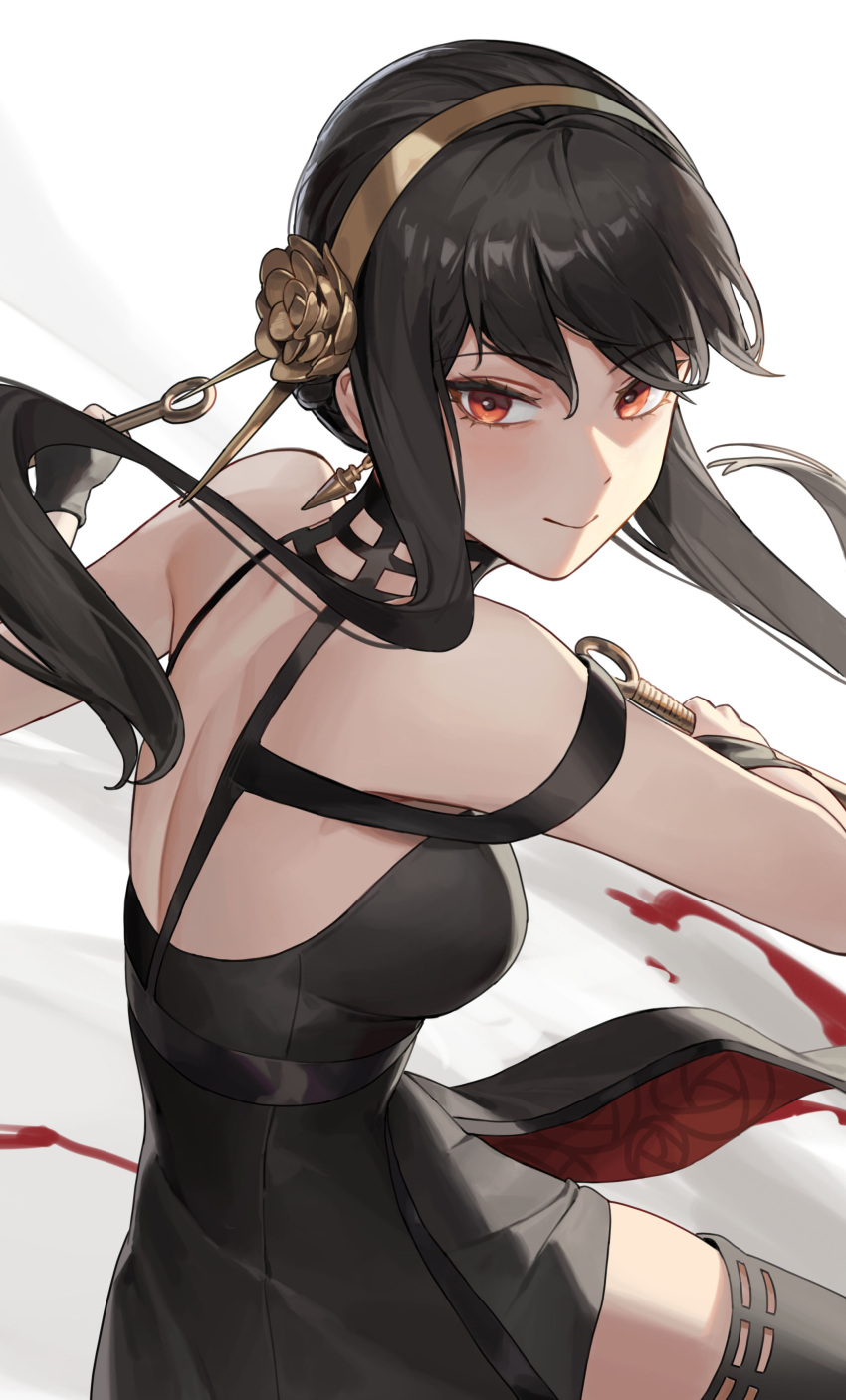 1girl absurdres bangs bare_shoulders belt black_hair blood breasts cotta_(heleif) eyebrows_hidden_by_hair hairband highres holding holding_weapon incoming_attack long_hair looking_at_viewer off_shoulder red_eyes skirt sleeveless smile solo spy_x_family twintails weapon yor_briar