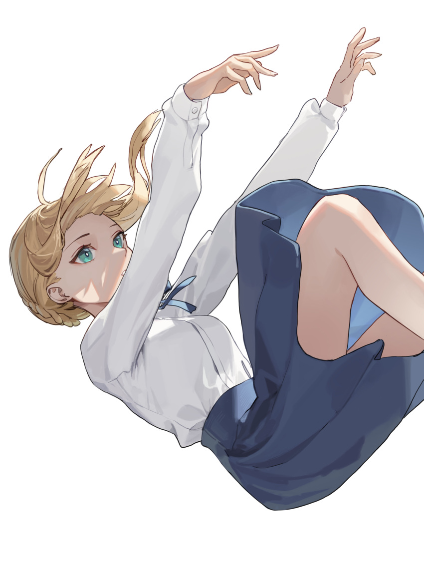 1girl absurdres arms_up artoria_pendragon_(fate) bare_legs blonde_hair blouse braid cotta_(heleif) dress falling fate/grand_order fate/stay_night fate_(series) green_eyes highres looking_up open_mouth ribbon saber shirt simple_background solo white_background