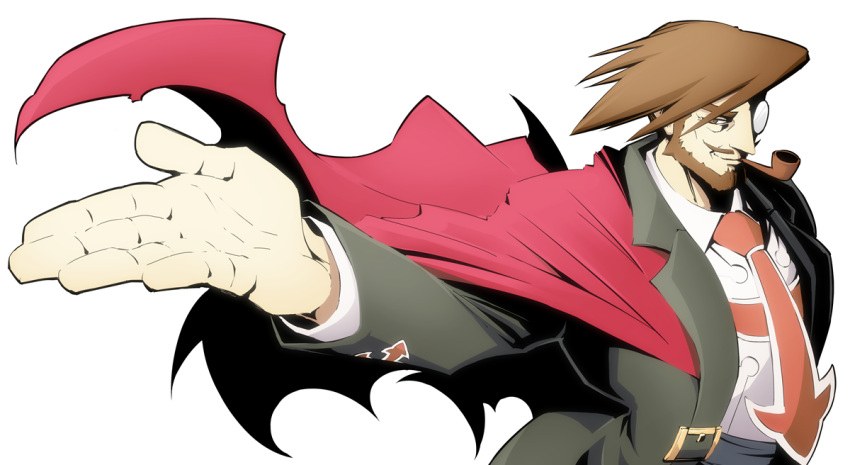 1boy beard brown_eyes brown_hair closed_mouth collared_shirt facial_hair guilty_gear looking_at_viewer male_focus monocle mustache necktie outstretched_arm piko_(osso) shaded_face shirt simple_background slayer_(guilty_gear) smile smoking_pipe solo upper_body white_background white_shirt wing_collar