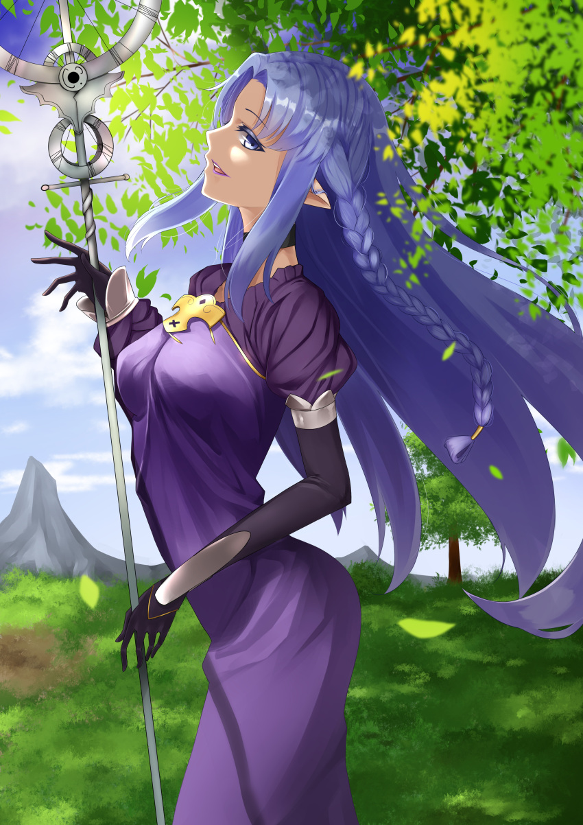 1girl absurdres arched_back black_gloves blue_eyes blue_hair braid dress elbow_gloves fate/stay_night fate_(series) floating_hair from_side gloves hair_intakes highres holding holding_staff kyoken long_hair medea_(fate) open_mouth pointy_ears purple_dress purple_lips shiny shiny_hair single_braid solo staff standing very_long_hair