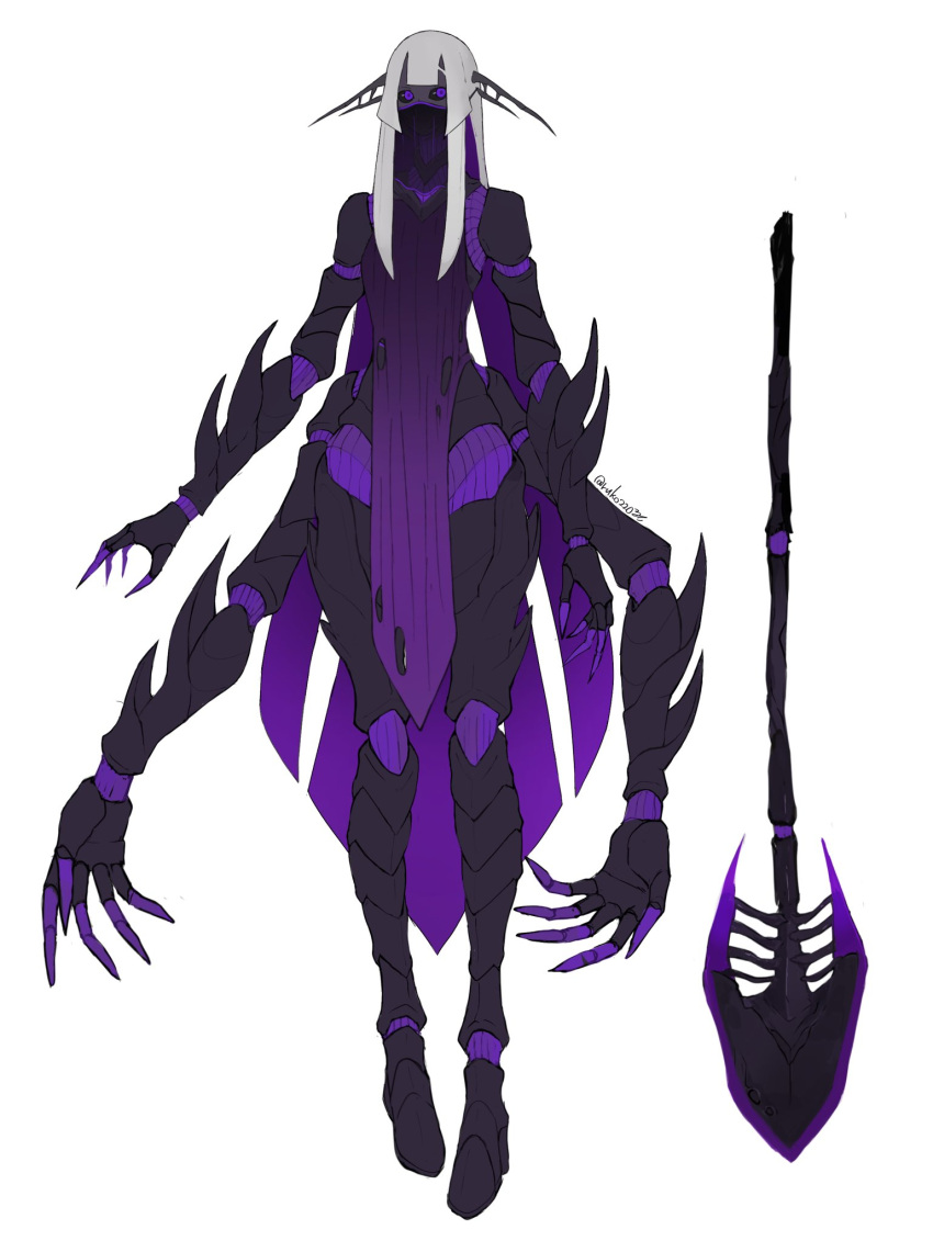 1girl antennae arthropod_girl black_sclera colored_inner_hair colored_sclera dress extra_arms full_body highres joints long_hair looking_at_viewer mouth_veil multicolored_hair original pelvic_curtain pigeon-toed polearm purple_dress purple_hair ruteko_(ruko220) simple_background solo spear standing twitter_username two-tone_hair veil very_long_hair violet_eyes weapon white_background white_hair