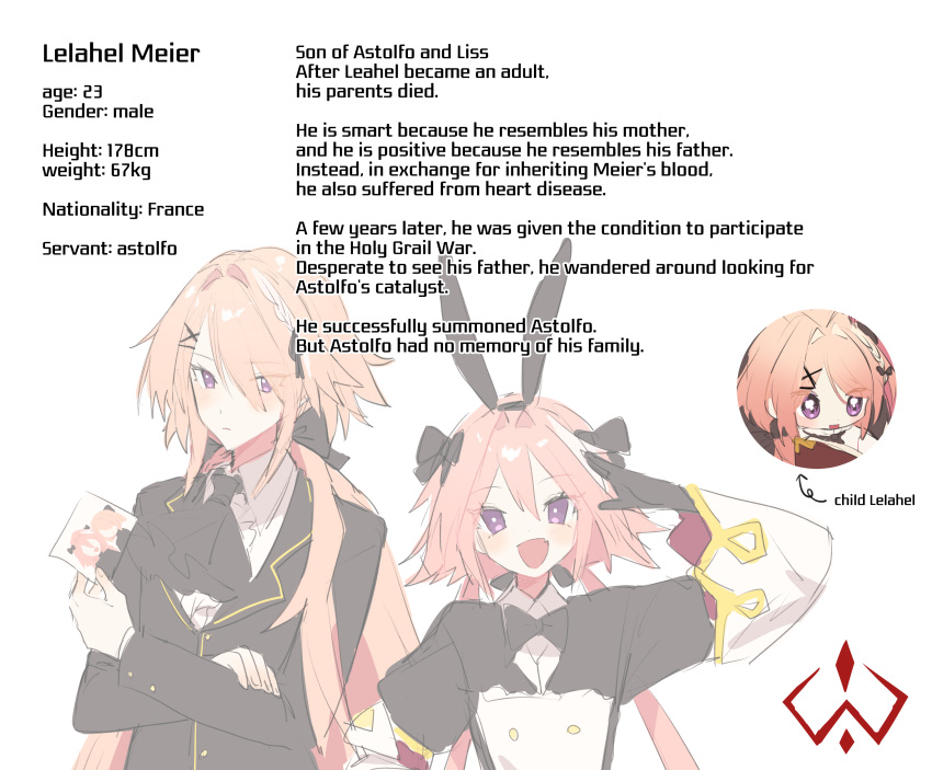 1girl 2boys absurdres androgynous astolfo_(fate) blonde_hair character_profile closed_mouth fate_(series) highres koyashaka lelahel_meier_(koyashaka) liss_meier_(koyashaka) long_hair male_focus multicolored_hair multiple_boys pink_hair smile solo violet_eyes white_hair