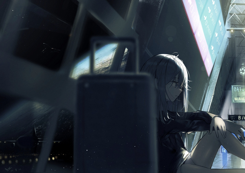 1girl ahoge aircraft airplane airport baizai bangs black_eyes black_hair commentary_request highres indoors long_hair long_sleeves luggage original scenery sitting solo suitcase