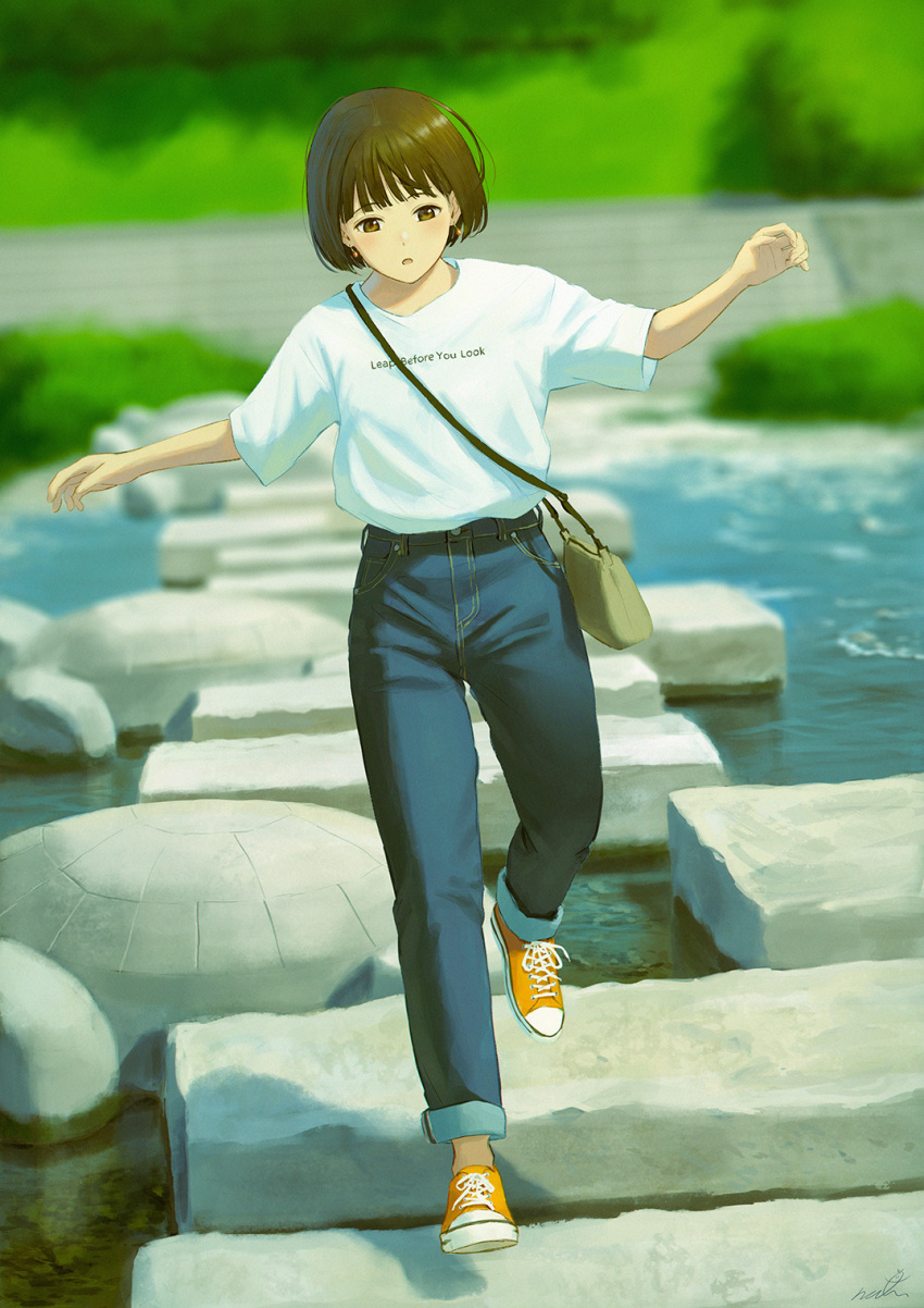 1girl bag bangs blunt_bangs bob_cut brown_eyes brown_hair day denim earrings handbag highres jeans jewelry open_mouth original outdoors outstretched_arms pants papi_(papiron100) river rock running shirt shirt_tucked_in shoes short_hair sneakers solo stepping_stones stone t-shirt water white_shirt