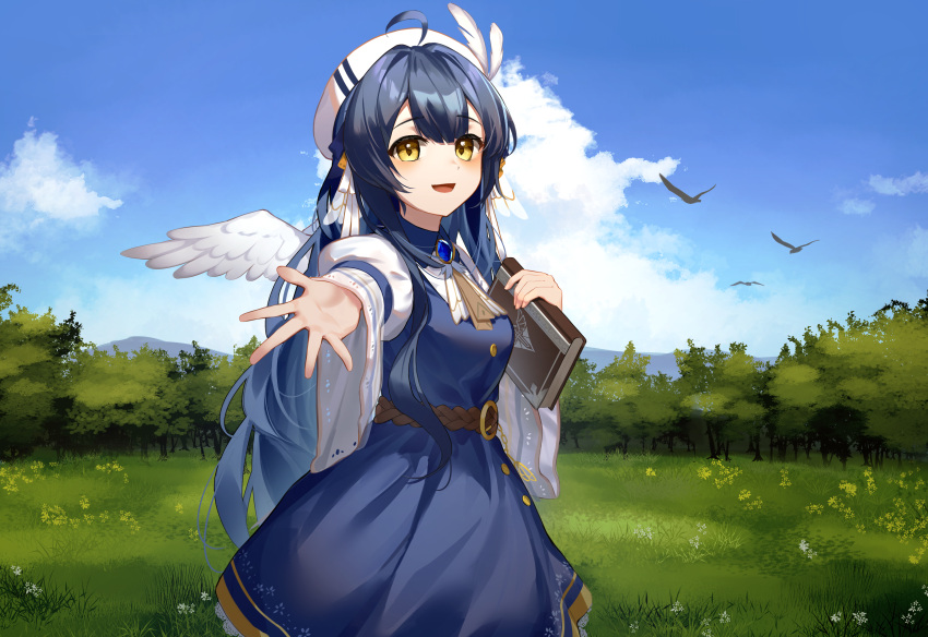 1girl :d absurdres ahoge animal bangs beret bird black_hair blue_dress blue_hair blue_sky book breasts clouds collared_shirt commentary_request commission day dress english_commentary feather_hair_ornament feathered_wings feathers grass hair_ornament hat highres holding holding_book juliet_sleeves korean_commentary long_hair long_sleeves looking_at_viewer medium_breasts mini_wings original outdoors pixiv_request puffy_sleeves shirt sky smile solo tree very_long_hair wazd0183 white_feathers white_headwear white_shirt white_wings wings yellow_eyes