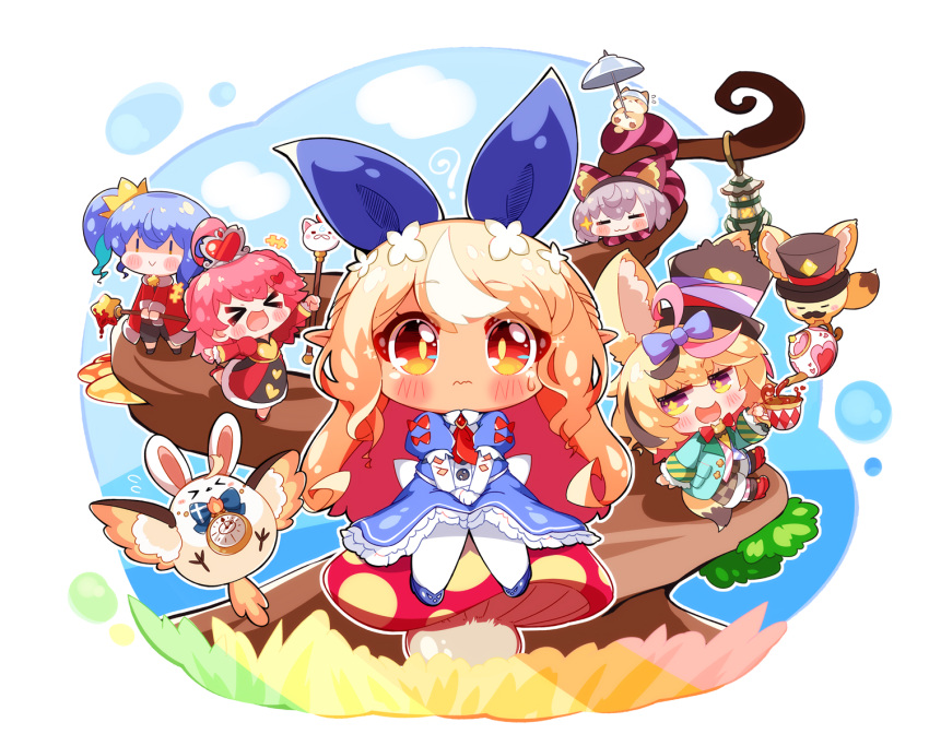 5girls alice_in_wonderland blonde_hair blue_dress blush bow chibi dark-skinned_female dark_skin dress elf elfriend_(shiranui_flare) giant_mushroom hair_bow highres hololive hoshimachi_suisei long_hair multicolored_hair multiple_girls nokiri omaru_polka orange_eyes pantyhose pointy_ears sakura_miko shiranui_flare shiranui_kensetsu shirogane_noel sitting streaked_hair sweatdrop virtual_youtuber white_pantyhose