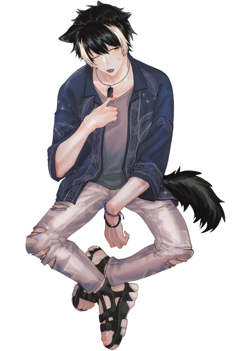 1boy adjusting_clothes animal_ears black_footwear black_hair blue_jacket bracelet crew_neck dog_tags full_body grey_shirt hair_between_eyes highres holostars hot invisible_chair jackal_boy jackal_ears jackal_tail jacket jewelry kageyama_shien leaf_print male_focus momiage_40 multicolored_hair official_alternate_costume one_eye_closed pants sandals sharp_toenails shirt short_hair sideways_glance simple_background sitting sleeves_past_elbows solo sweat tail toenails tongue tongue_out torn_clothes torn_pants two-tone_hair v-shaped_eyebrows virtual_youtuber white_background white_hair white_pants yellow_eyes