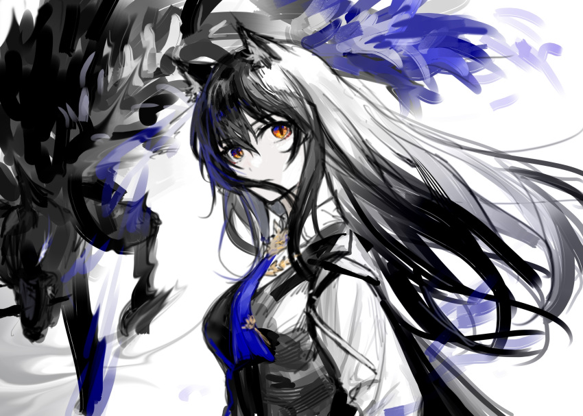 1girl animal_ear_fluff animal_ears arknights bangs black_hair black_vest breasts buzhangyezideshu collared_shirt commentary_request flower hair_between_eyes highres long_hair looking_at_viewer looking_to_the_side medium_breasts mouth_hold orange_eyes shirt solo texas_(arknights) texas_the_omertosa_(arknights) upper_body very_long_hair vest white_background white_shirt wolf wolf_ears
