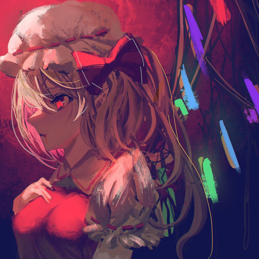 1girl alternate_breast_size blonde_hair blood blood_from_mouth breasts closed_mouth collared_shirt fang fang_out flandre_scarlet frilled_sleeves frills from_side hand_on_own_chest hat highres medium_breasts medium_hair mob_cap multicolored_wings puffy_short_sleeves puffy_sleeves red_background red_eyes red_ribbon ribbon ribbon-trimmed_headwear ribbon-trimmed_sleeves ribbon_trim shirt short_sleeves solo toho_sweet touhou upper_body white_headwear white_shirt wings