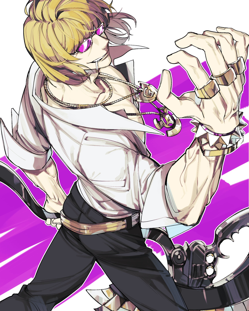 1boy absurdres axe bangs black_pants blonde_hair bracelet commentary_request fate/grand_order fate_(series) feet_out_of_frame flooog gold gold_belt gold_bracelet gold_necklace highres holding holding_axe holding_weapon jewelry long_sleeves looking_back male_focus multicolored_background multiple_bracelets multiple_necklaces multiple_rings muscular muscular_male necklace pants partially_unbuttoned pectoral_cleavage pectorals purple-tinted_eyewear ring sakata_kintoki_(fate) shirt short_hair sleeves_rolled_up smile smoke smoking solo spiked_bracelet spikes sunglasses teeth tinted_eyewear two-tone_background veins weapon white_shirt