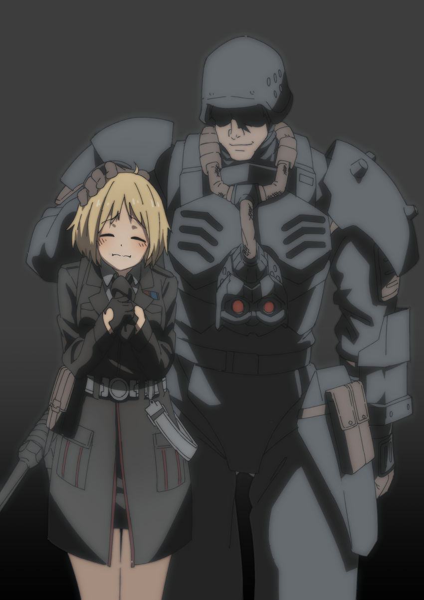 1boy 1girl armor black_armor black_gloves blonde_hair chinese_commentary commission faceless faceless_male gas_mask girls_frontline gloves gun headpat height_difference helmet highres jin_roh long_sleeves mask military military_uniform mp40 mp40_(girls'_frontline) necktie pixiv_request shirt short_hair simple_background submachine_gun triangle_bullet uniform weapon
