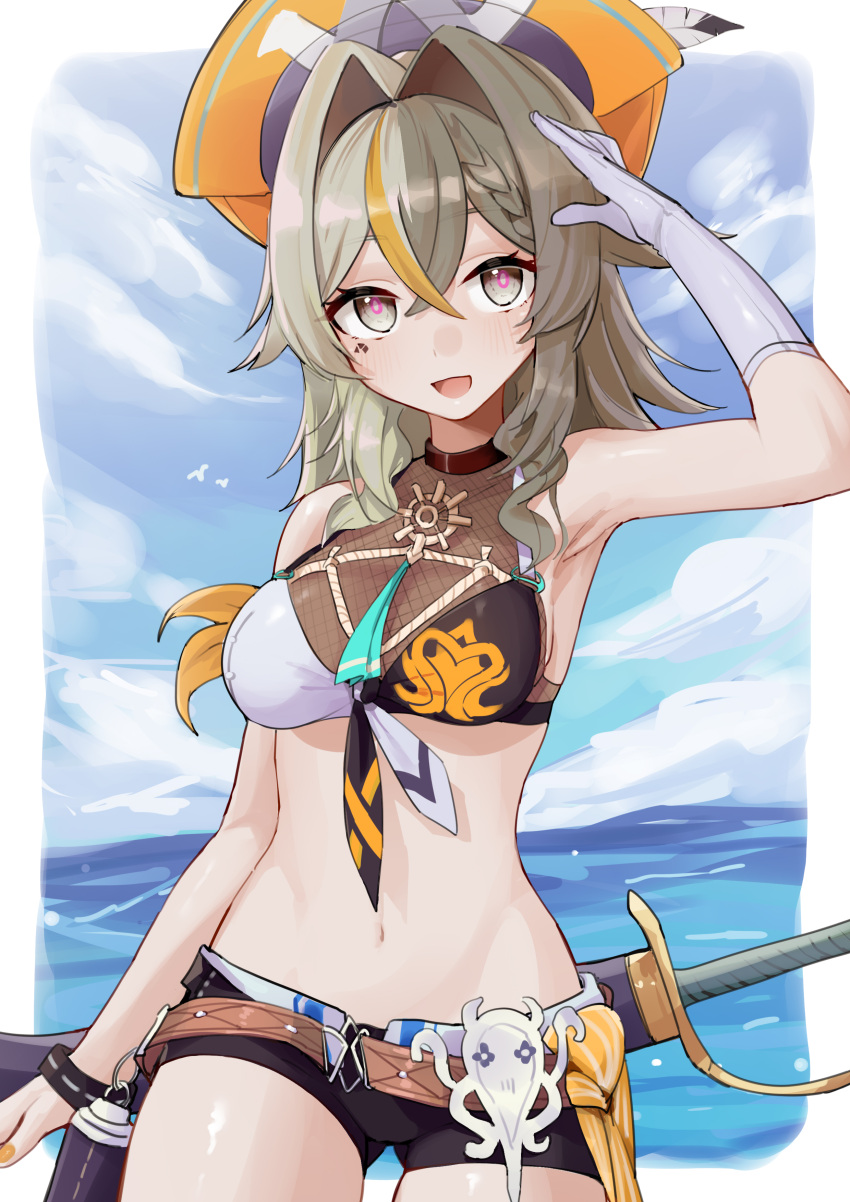 1girl absurdres alternate_costume arm_up armpits belt belt_buckle bikini brown_belt buckle dodo_(yatotoyatoto) facial_tattoo fishnet_top fishnets front-tie_bikini_top front-tie_top gloves grey_eyes hat hat_feather highres honkai_(series) honkai_impact_3rd midriff multicolored_hair ocean official_alternate_costume open_mouth orange_ribbon pirate_hat ribbon sheath sheathed short_shorts shorts shoulder_ribbon solo stomach summer swimsuit sword tattoo vill-v weapon white_gloves wristband