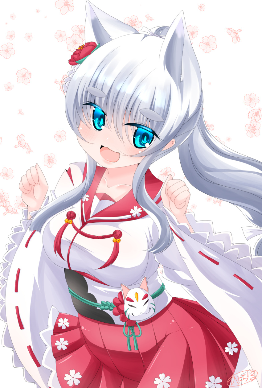 1girl :d animal_ears bangs breasts cat_mask character_request collarbone commentary_request floral_background flower grey_hair hair_between_eyes hair_flower hair_ornament hands_up highres kanijiru long_hair long_sleeves mask medium_breasts obi onsen_musume pleated_skirt ponytail red_flower red_sailor_collar red_skirt ribbon-trimmed_sleeves ribbon_trim sailor_collar sash shirt short_eyebrows simple_background skirt smile solo thick_eyebrows very_long_hair white_background white_shirt wide_sleeves