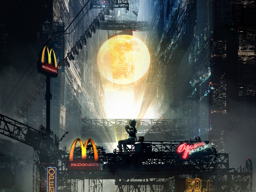 1other ambiguous_gender building cyberpunk eating english_text fen_fen_fen_fen full_moon highres hologram mcdonald's moon neon_lights original outdoors scenery science_fiction short_hair shorts sign solo stairs