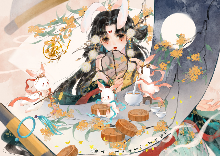 1girl absurdres anan_ya animal_ears bare_shoulders black_hair bowl branch cup expressionless facial_mark flower forehead_mark hair_ornament hair_rings hand_fan highres holding holding_fan long_hair mixing moon mooncake original pom_pom_(clothes) pom_pom_hair_ornament rabbit rabbit_ears scroll solo tattoo