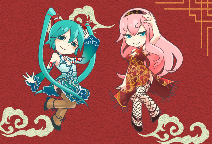 2girls aqua_dress aqua_eyes aqua_hair arm_up blue_eyes blush brown_thighhighs chibi china_dress chinese_clothes cleavage_cutout closed_mouth clothing_cutout dress fishnet_thighhighs fishnets full_body gradient_dress hair_between_eyes hatsune_miku knees_together_feet_apart kougyoku_(module) long_hair looking_at_viewer megurine_luka multiple_girls pink_hair project_diva_(series) red_background red_dress sleeveless sleeveless_dress smile standing standing_on_one_leg suigyoku_(module) thigh-highs tomiro twintails very_long_hair vocaloid world's_end_dancehall_(vocaloid)