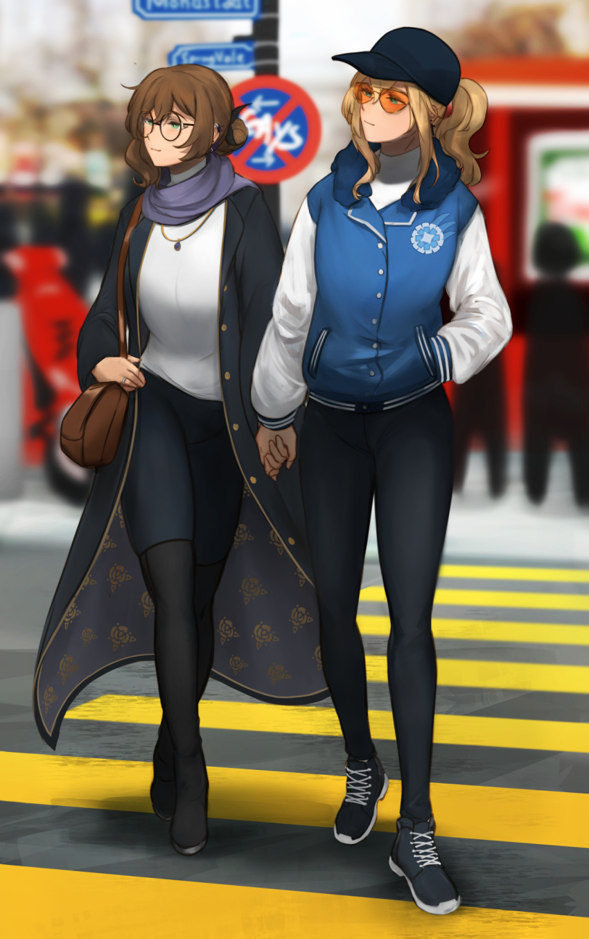 2girls alternate_costume bag bangs baseball_cap black_coat black_footwear black_pants black_skirt blonde_hair blue_eyes blue_jacket blurry blurry_background bomber_jacket brown_hair buttons coat depth_of_field floral_print genshin_impact glasses gold_trim green_eyes hand_in_pocket handbag hat highres holding_hands jacket jean_(genshin_impact) jewelry letterman_jacket lisa_(genshin_impact) long_hair looking_to_the_side multiple_girls necklace outdoors pants piethepiegod ponytail puffy_sleeves purple_scarf ring road road_sign scarf shirt shoes sidelocks sign skirt sneakers street sunglasses tinted_eyewear walking wedding_ring white_shirt yuri