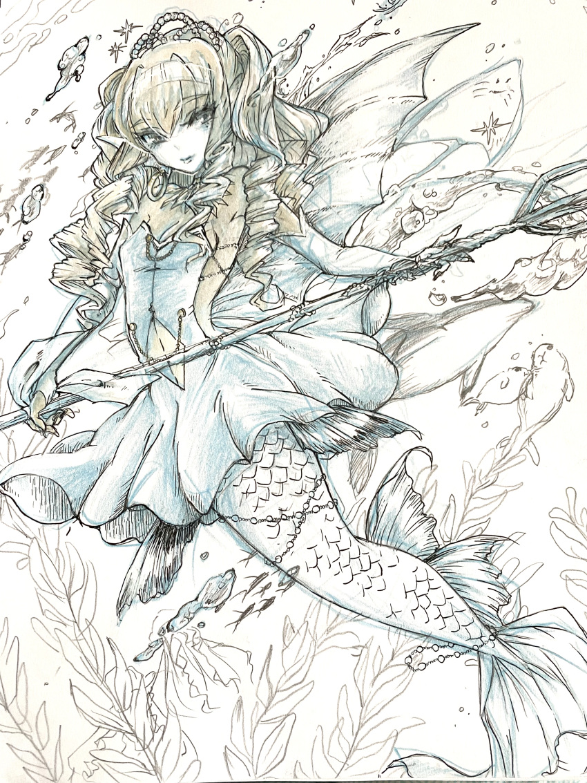 1girl absurdres blue_dress blue_gloves closed_mouth dress elbow_gloves fingernails fish gloves hair_between_eyes highres holding holding_polearm holding_weapon limited_palette long_fingernails looking_at_viewer mermaid monster_girl original pointy_ears polearm solo tpamjdsta_(usatokurasu) traditional_media underwater weapon weeds