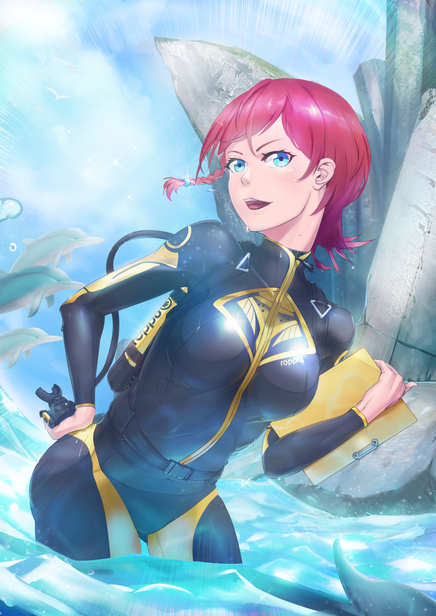 1girl :d absurdres asymmetrical_hair black_bodysuit blue_eyes bodysuit braid breasts breasts_apart day dolphin floating_hair hand_on_hip highres medium_breasts onshigou open_mouth original outdoors redhead shiny shiny_hair short_hair single_braid smile solo standing wading wetsuit