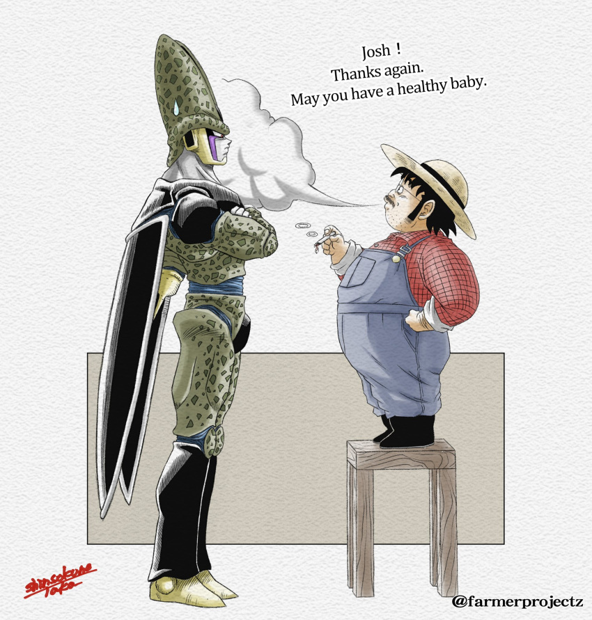 2boys arm_hair black_hair blowing_smoke cell_(dragon_ball) cigarette commentary crossed_arms dragon_ball dragon_ball_z english_commentary english_text facial_hair farmer_(dragon_ball) fat fat_man glasses hand_on_hip hat height_difference highres male_focus multiple_boys mustache perfect_cell shinsokunotaka sideburns signature smoke stool stubble sun_hat sweatdrop