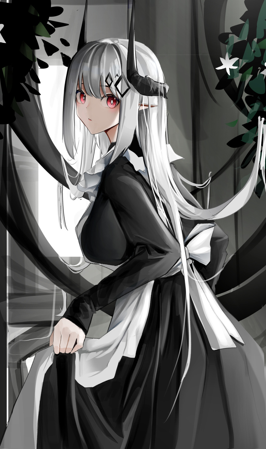 1girl absurdres alternate_costume apron arknights back_bow black_dress bow breasts clothes_lift cow demon_horns dress dress_lift enmaided grey_hair hair_ornament highres horns indoors large_breasts lifted_by_self long_hair long_sleeves looking_at_viewer maid maid_apron mudrock_(arknights) plant red_eyes solo very_long_hair wawamachi_(wawamachis) white_bow