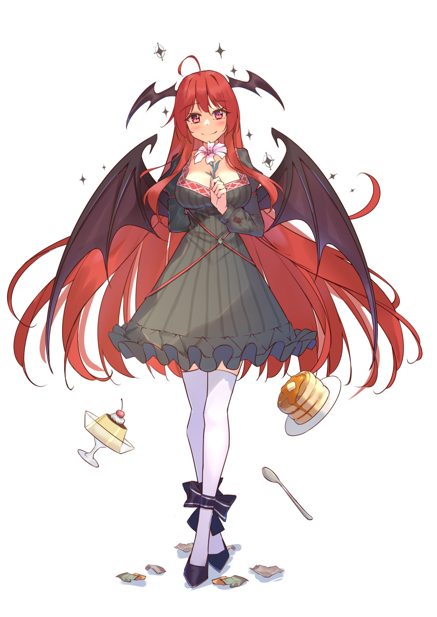1girl absurdres ahoge alternate_costume ankle_bow arm_behind_back bat_wings black_dress black_footwear blush bow bowl breasts butter cherry crossed_legs diving_penguin dot_nose dress flower food frilled_dress frills fruit full_body hair_between_eyes head_wings highres holding holding_flower juliet_sleeves koakuma large_breasts long_hair long_sleeves looking_at_viewer low_wings pancake pancake_stack plate pudding puffy_sleeves red_armband red_eyes redhead sidelocks simple_background smile sparkle spoon standing syrup thigh-highs touhou trash very_long_hair watson_cross white_background white_thighhighs wings zettai_ryouiki