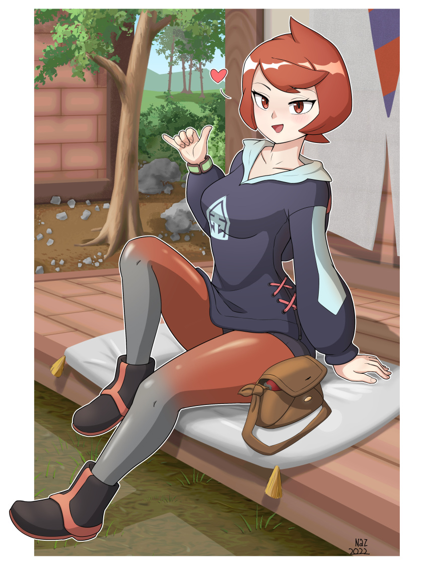 1girl :d absurdres arezu_(pokemon) arm_support bangs boots border bracelet brown_bag collarbone commentary cushion day eyelashes hand_up heart highres jacket jewelry long_sleeves open_mouth outdoors outline pantyhose pokemon pokemon_(game) pokemon_legends:_arceus red_eyes redhead sembem short_hair short_shorts shorts sitting smile solo swept_bangs tongue tree white_border