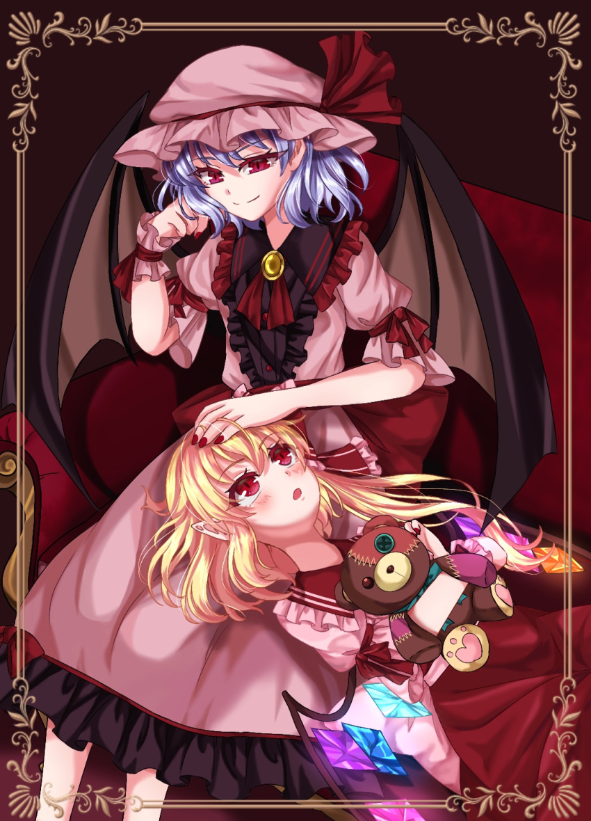 2girls adapted_costume bat_wings blue_hair center_frills closed_mouth couch feet_out_of_frame flandre_scarlet frilled_shirt_collar frilled_sleeves frills hair_between_eyes hand_on_another's_head hat hat_ribbon highres holding holding_stuffed_toy indoors looking_at_another medium_hair mito_(fate) mob_cap multicolored_wings multiple_girls nail_polish no_headwear on_couch open_mouth pink_headwear pink_shirt pink_skirt puffy_short_sleeves puffy_sleeves red_eyes red_nails red_ribbon red_skirt remilia_scarlet ribbon shirt short_hair short_sleeves sitting skirt smile stuffed_animal stuffed_toy teddy_bear touhou wings wrist_cuffs