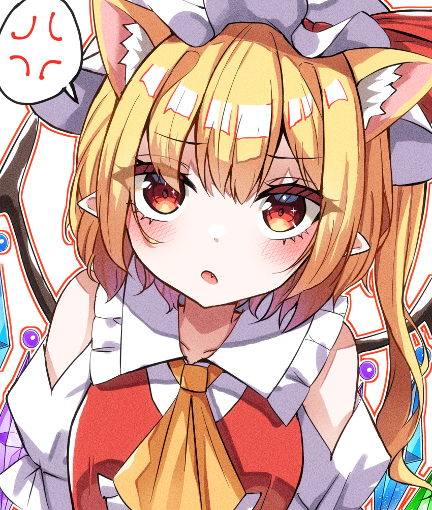 1girl :o adapted_costume anger_vein animal_ear_fluff animal_ears ascot blonde_hair blush breasts collarbone collared_shirt fang flandre_scarlet frilled_ascot frills hair_between_eyes hat hat_ribbon highres kiui_(dagk8254) looking_at_viewer medium_hair mob_cap multicolored_wings open_mouth pointy_ears puffy_short_sleeves puffy_sleeves red_eyes red_ribbon red_vest ribbon shirt short_sleeves side_ponytail small_breasts solo speech_bubble spoken_anger_vein touhou upper_body vest white_headwear wings yellow_ascot