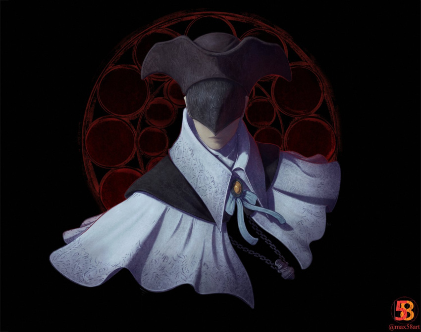 1girl black_headwear bloodborne capelet closed_mouth covered_eyes facing_viewer hat jewelry max58art necklace solo upper_body yurie_the_last_scholar
