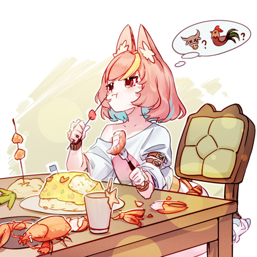 1girl :t animal_ear_fluff animal_ears bangs blonde_hair blue_hair cat_ears chair closed_mouth eating fork highres holding holding_fork lingxia lobster looking_away original pink_hair red_eyes shirt short_hair single_bare_shoulder solo spoken_animal table thought_bubble white_shirt