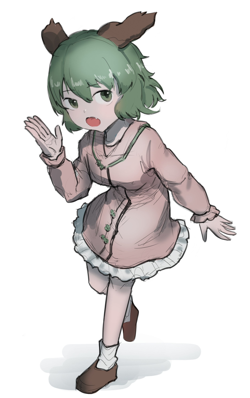 1girl :o absurdres animal_ears bangs breasts brown_footwear commentary_request dog_ears dress fang frilled_dress frills full_body green_eyes green_hair hakonnbo highres kasodani_kyouko long_sleeves looking_at_viewer open_mouth pink_dress shoes short_hair simple_background small_breasts socks solo touhou walking white_background white_socks