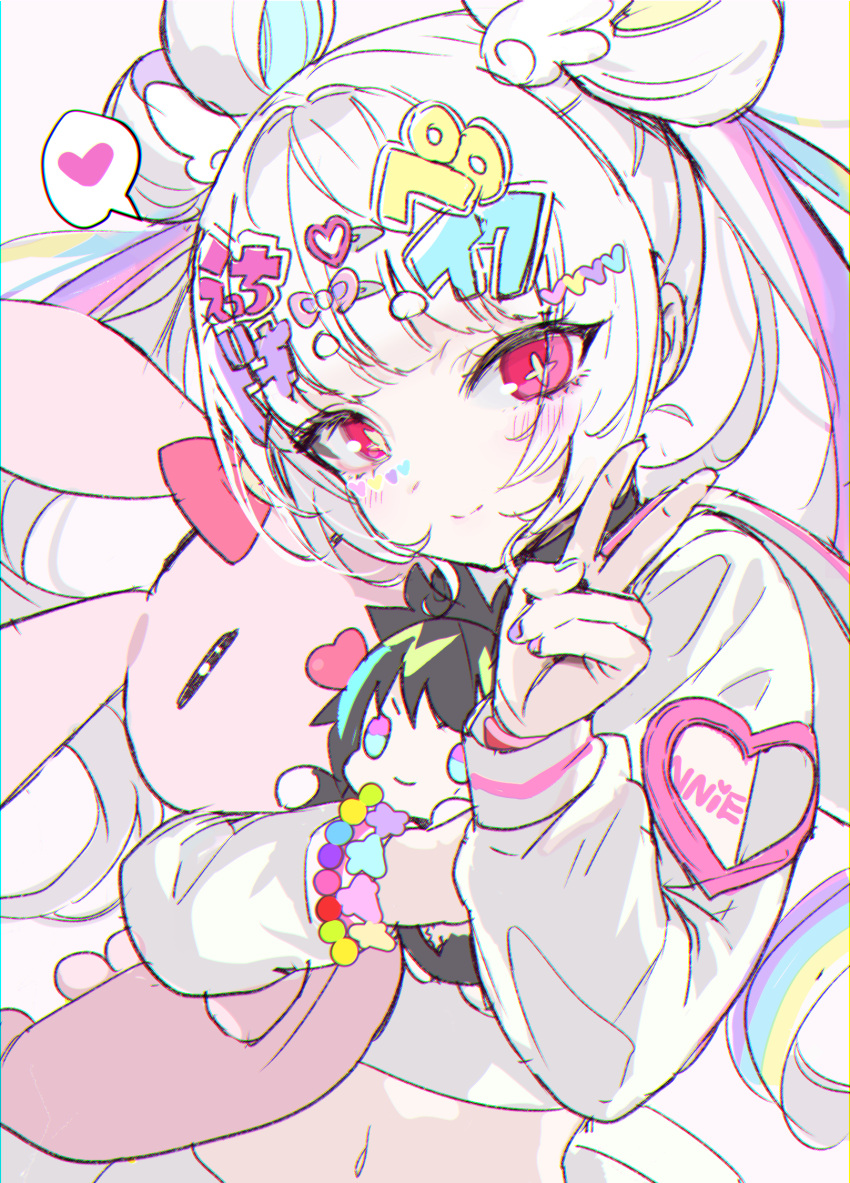 1girl bangs blunt_bangs blush bow character_doll closed_mouth copyright_request cropped_shirt cross-shaped_pupils facial_mark fingernails grey_hair hair_bow hair_ornament hair_rings heart heart_facial_mark heart_hair_ornament highres holding looking_at_viewer midriff multicolored_hair multicolored_nails nail_polish navel nekometaru purple_nails red_eyes shirt smile solo twintails white_shirt