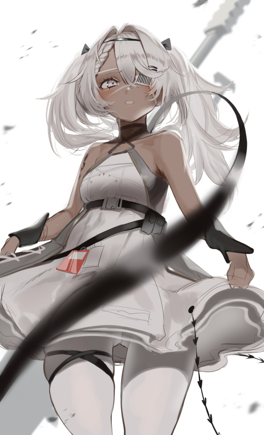 1girl arm_tattoo bangs bare_shoulders blush bow braid breasts clothes_lift collarbone dark-skinned_female dark_skin dress dress_lift eyepatch feet_out_of_frame from_below girls_frontline grey_eyes hair_bow hair_ornament hairpin highres hs.50_(girls'_frontline) long_hair looking_at_viewer open_mouth saturndxy simple_background small_breasts solo standing tattoo thighs twintails white_dress white_hair