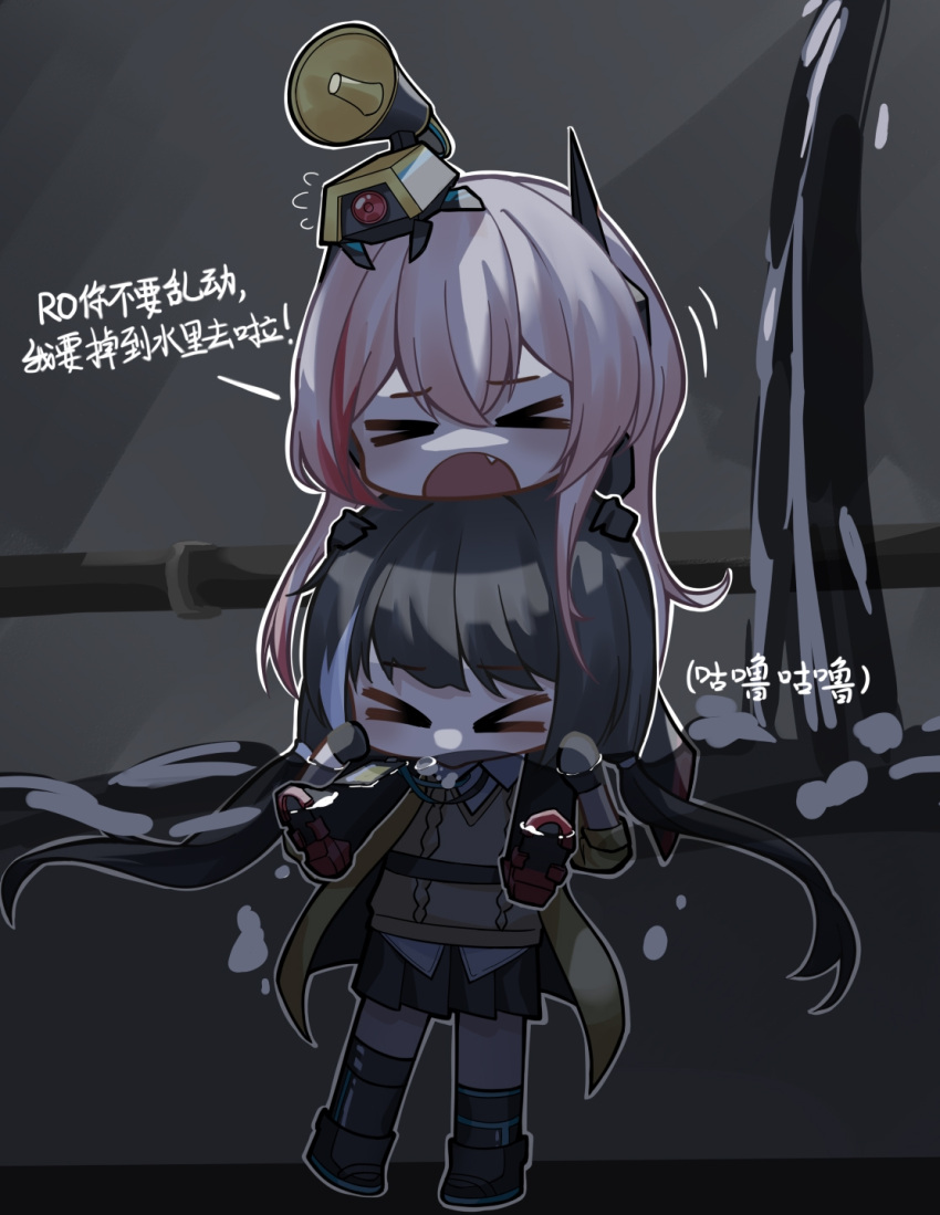 &gt;_&lt; 2522713004 2girls banana_(girls'_frontline) bangs black_gloves black_hair carrying closed_eyes commentary_request fang full_body girls_frontline gloves hair_between_eyes headgear highres holding indoors jacket long_hair m4_sopmod_ii_(girls'_frontline) multicolored_hair multiple_girls open_mouth partially_submerged pink_hair pleated_skirt redhead ro635_(girls'_frontline) sailor_collar shirt shoulder_carry skirt standing streaked_hair translation_request twintails white_hair white_shirt yellow_jacket
