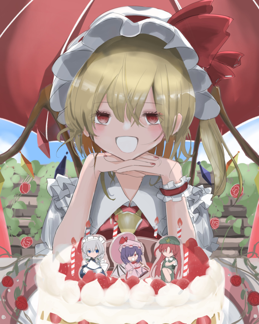 1girl absurdres ascot blonde_hair cake day flandre_scarlet food frilled_shirt_collar frills hair_between_eyes hands_on_own_chin hat hat_ribbon heart heart-shaped_pupils highres hong_meiling interlocked_fingers izayoi_sakuya looking_at_viewer medium_hair mob_cap nail_polish open_mouth outdoors own_hands_together parasol plate puffy_short_sleeves puffy_sleeves red_eyes red_nails red_ribbon remilia_scarlet ribbon shirt short_sleeves side_ponytail solo strawberry_cake symbol-shaped_pupils touhou umbrella white_headwear white_shirt wrist_cuffs yellow_ascot yuzuki_no_kimi