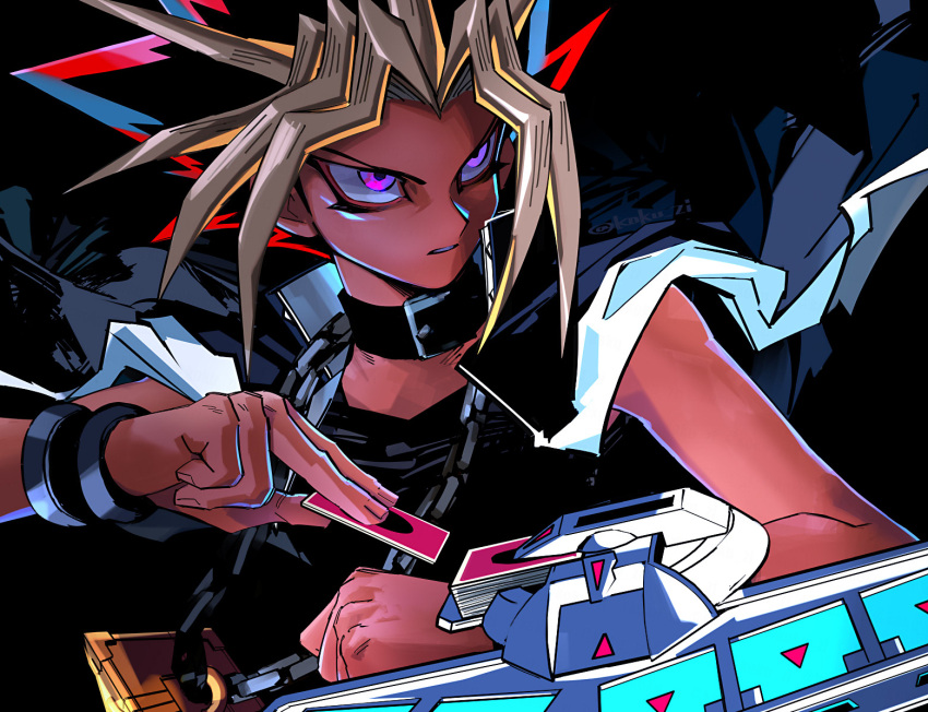 1boy bracelet card chain collar colored_tips duel_disk holding holding_card jacket jacket_on_shoulders jewelry kokusoji male_focus millennium_puzzle multicolored_hair pointy_hair serious solo yami_yuugi yu-gi-oh! yu-gi-oh!_duel_monsters