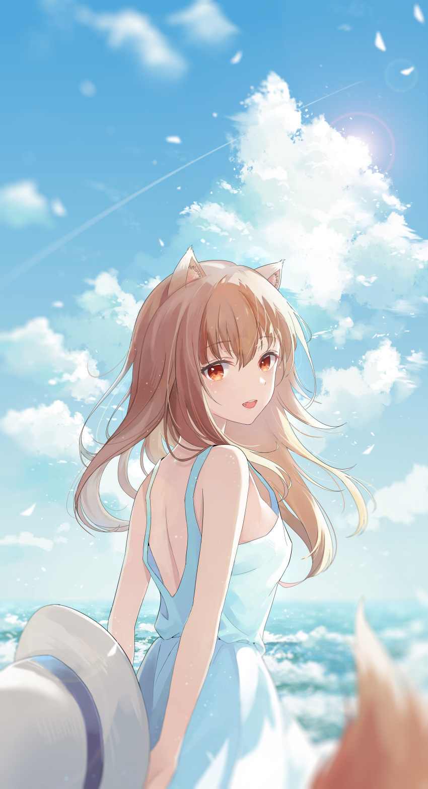 1girl absurdres animal_ears brown_hair clouds contrail dress hat highres holo lens_flare long_hair looking_back open_mouth sidelighting sky solo spice_and_wolf sternenzelt sun sundress tail wolf_ears wolf_girl wolf_tail
