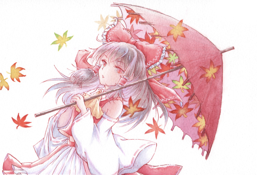 1girl absurdres ascot autumn_leaves bow brown_hair cowboy_shot detached_sleeves frilled_bow frilled_hair_tubes frills from_side hair_bow hair_tubes highres holding holding_umbrella long_hair looking_at_viewer looking_to_the_side painting_(medium) red_bow red_eyes red_shirt red_skirt red_umbrella shirt simple_background skirt sleeveless sleeveless_shirt solo touhou tpamjdsta_(usatokurasu) traditional_media umbrella watercolor_(medium) white_background yellow_ascot