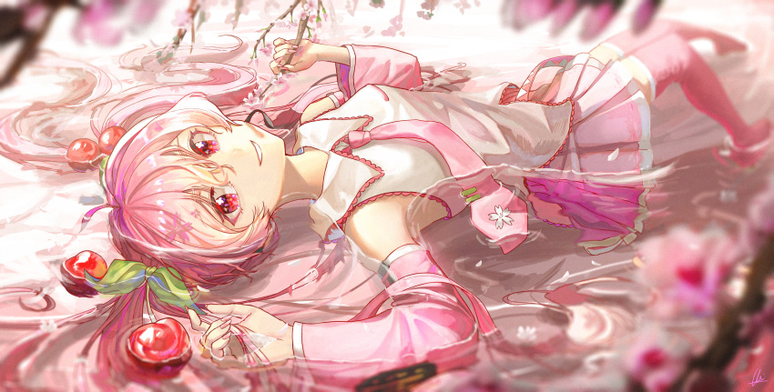 1girl absurdres bad_anatomy blurry cherry cherry59599 cherry_blossoms cherry_hair_ornament detached_sleeves flower food food-themed_hair_ornament fruit hair_ornament hatsune_miku highres holding holding_flower lying necktie on_back partially_submerged pink_eyes pink_hair pink_necktie pink_skirt pink_thighhighs sakura_miku shirt skirt thigh-highs vocaloid water white_shirt