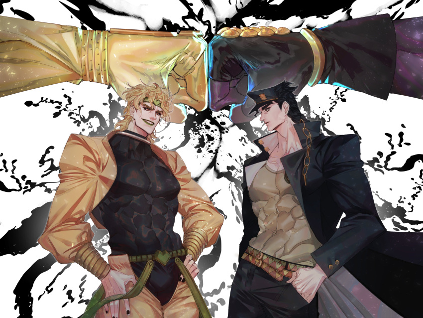 2boys absurdres belt black_coat black_gloves black_leotard black_nails chain clenched_hands closed_mouth coat collar_chain commentary covered_abs cowboy_shot dio_brando earrings evil_grin evil_smile fist_bump gakuran gloves green_lips grin hand_in_pocket hands_on_hips hat headband heart highres itsoraoraoraora jacket jewelry jojo_no_kimyou_na_bouken kujo_jotaro leotard long_coat looking_at_another male_focus multiple_belts multiple_boys muscular muscular_male pectorals pose red_eyes school_uniform shirt shrug_(clothing) smile stand_(jojo) star_platinum stardust_crusaders the_world triangle_print white_background yellow_jacket