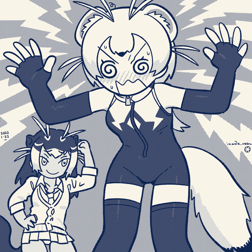 2girls @_@ animal_ears antenna_hair arm_up arms_up bangs bare_shoulders blush closed_mouth collared_shirt cosplay costume_switch dated elbow_gloves embarrassed extra_ears fingerless_gloves front_zipper_swimsuit furrowed_brow giant_otter_(kemono_friends) giant_otter_(kemono_friends)_(cosplay) gloves hand_on_hip highres inada_roku jacket kemono_friends long_hair looking_at_another looking_down meme_attire microskirt monochrome multicolored_hair multiple_girls necktie nose_blush one-piece_swimsuit open_mouth otter_ears otter_girl otter_tail panties shirt skirt smile spread_fingers stoat_(kemono_friends) stoat_(kemono_friends)_(cosplay) sweat swimsuit tail tan thigh-highs two-tone_swimsuit underwear v-shaped_eyebrows weasel_ears weasel_girl weasel_tail wing_collar zipper zipper_pull_tab