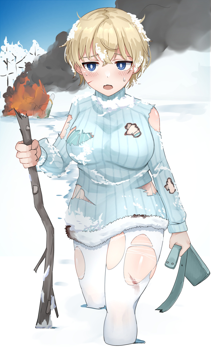 1girl absurdres blonde_hair blood blue_bra blue_eyes blush bra brave_witches breasts bruise crash emu_1316 fire fur-trimmed_sweater fur_trim highres injury large_breasts nikka_edvardine_katajainen open_mouth outdoors pantyhose shiny shiny_hair short_hair smoke snow solo stick striker_unit sweater torn_pantyhose torn_sweater underwear white_pantyhose world_witches_series